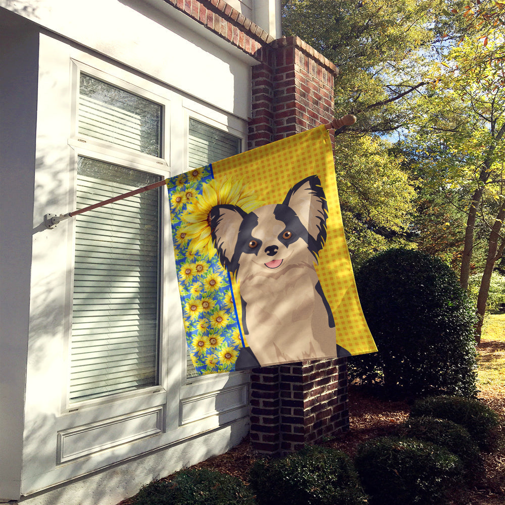 Summer Sunflowers Longhaired Black and White #2 Chihuahua House Flag 28x40 Porch Sleeve Pole Decorative Outside Yard Banner Artwork Wall Hanging, Polyester