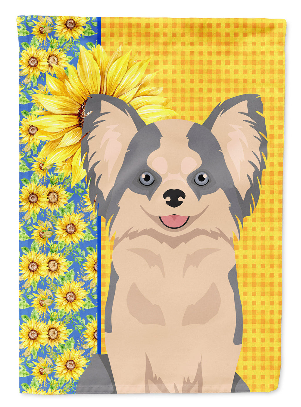 Summer Sunflowers Longhaired Blue and White Chihuahua House Flag 28x40 Porch Sleeve Pole Decorative Outside Yard Banner Artwork Wall Hanging, Polyester