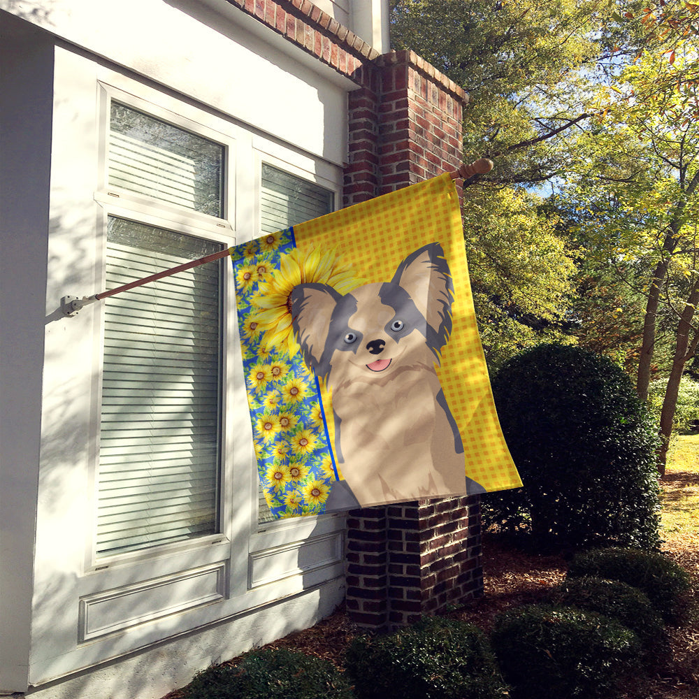 Summer Sunflowers Longhaired Blue and White Chihuahua House Flag 28x40 Porch Sleeve Pole Decorative Outside Yard Banner Artwork Wall Hanging, Polyester