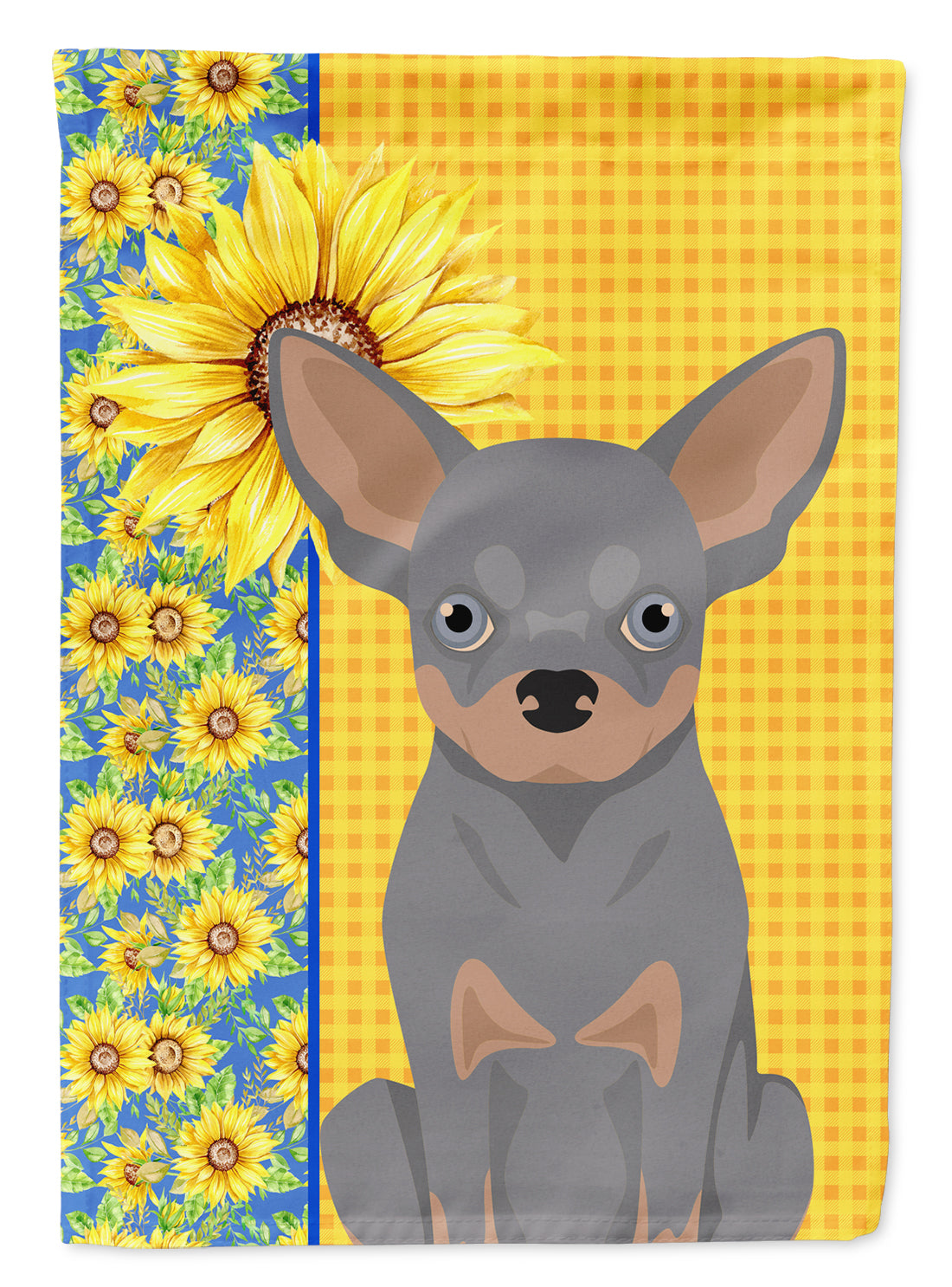 Summer Sunflowers Blue and Tan Chihuahua House Flag 28x40 Porch Sleeve Pole Decorative Outside Yard Banner Artwork Wall Hanging, Polyester
