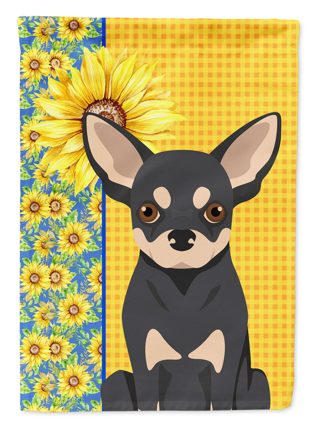 Summer Sunflowers Black and Cream Chihuahua House Flag 28x40 Porch Sleeve Pole Decorative Outside Yard Banner Artwork Wall Hanging, Polyester