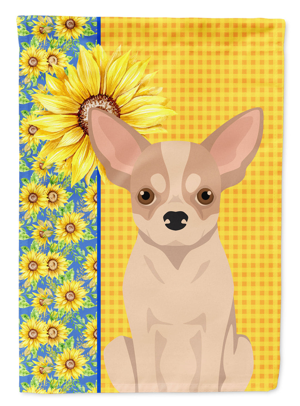 Summer Sunflowers Fawn and White Chihuahua House Flag 28x40 Porch Sleeve Pole Decorative Outside Yard Banner Artwork Wall Hanging, Polyester