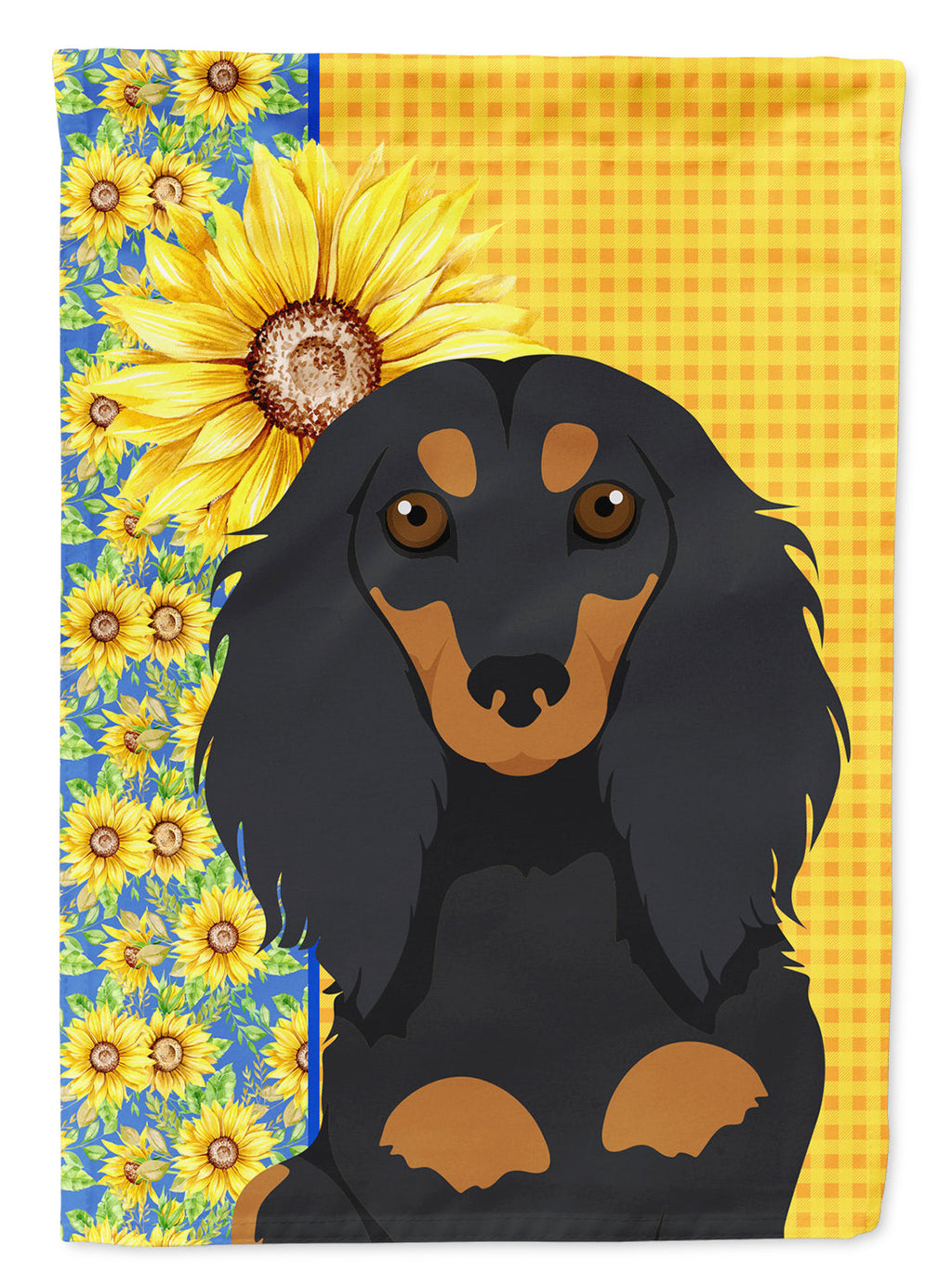 Summer Sunflowers Longhair Black and Tan Dachshund House Flag 28x40 Porch Sleeve Pole Decorative Outside Yard Banner Artwork Wall Hanging, Polyester