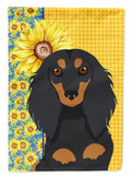 Summer Sunflowers Longhair Black and Tan Dachshund House Flag 28x40 Porch Sleeve Pole Decorative Outside Yard Banner Artwork Wall Hanging, Polyester