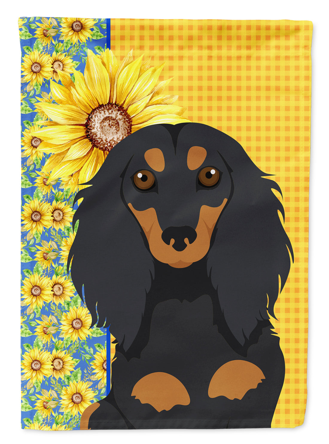Summer Sunflowers Longhair Black and Tan Dachshund House Flag 28x40 Porch Sleeve Pole Decorative Outside Yard Banner Artwork Wall Hanging, Polyester