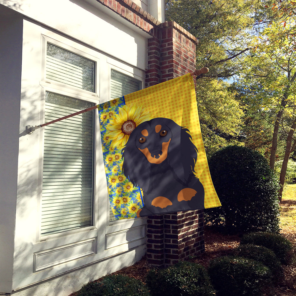 Summer Sunflowers Longhair Black and Tan Dachshund House Flag 28x40 Porch Sleeve Pole Decorative Outside Yard Banner Artwork Wall Hanging, Polyester