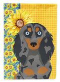 Summer Sunflowers Longhair Blue and Tan Dapple Dachshund House Flag 28x40 Porch Sleeve Pole Decorative Outside Yard Banner Artwork Wall Hanging, Polyester