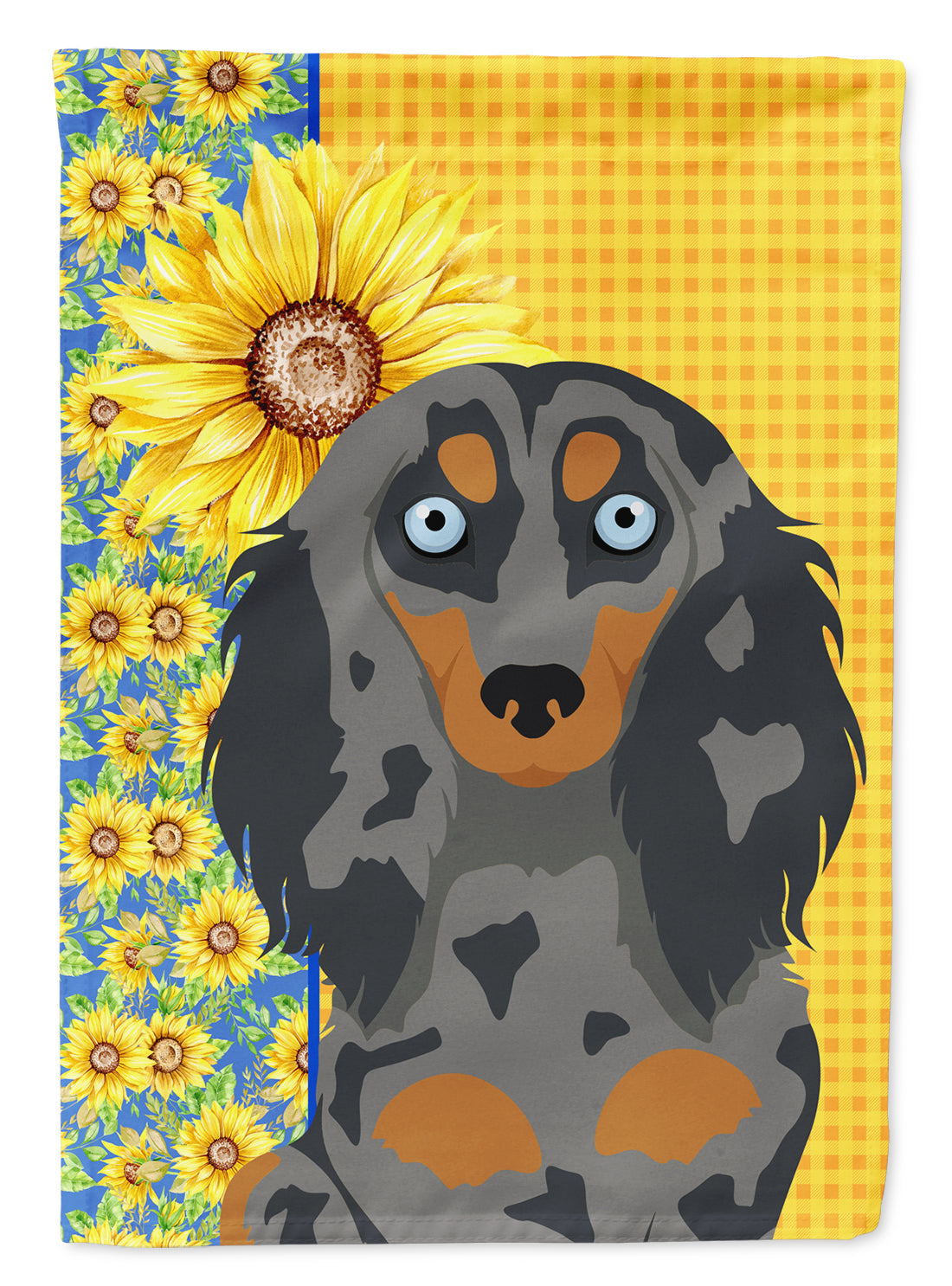 Summer Sunflowers Longhair Blue and Tan Dapple Dachshund House Flag 28x40 Porch Sleeve Pole Decorative Outside Yard Banner Artwork Wall Hanging, Polyester