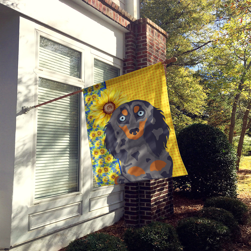 Summer Sunflowers Longhair Blue and Tan Dapple Dachshund House Flag 28x40 Porch Sleeve Pole Decorative Outside Yard Banner Artwork Wall Hanging, Polyester