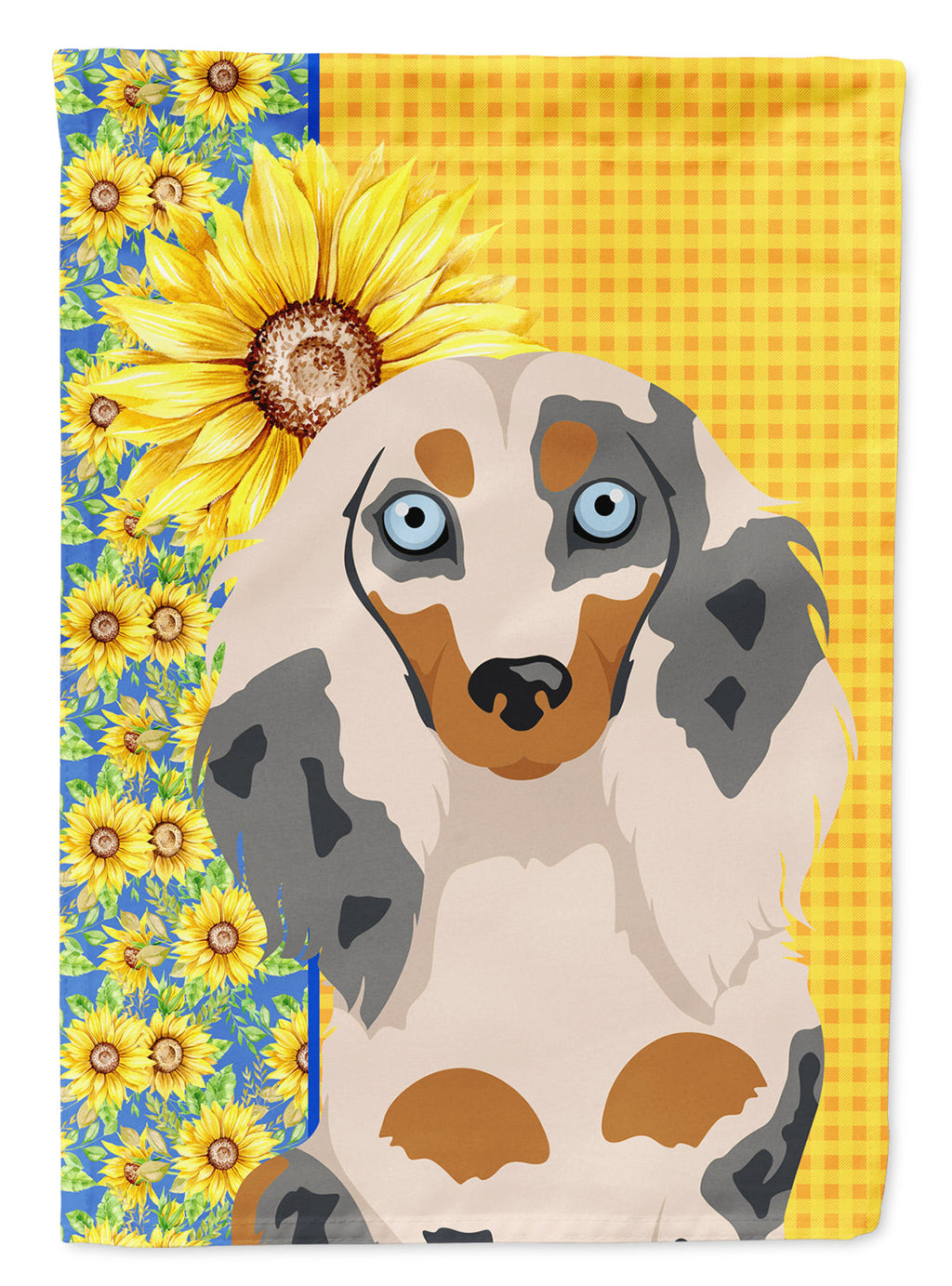 Summer Sunflowers Longhair Cream Dapple Dachshund House Flag 28x40 Porch Sleeve Pole Decorative Outside Yard Banner Artwork Wall Hanging, Polyester