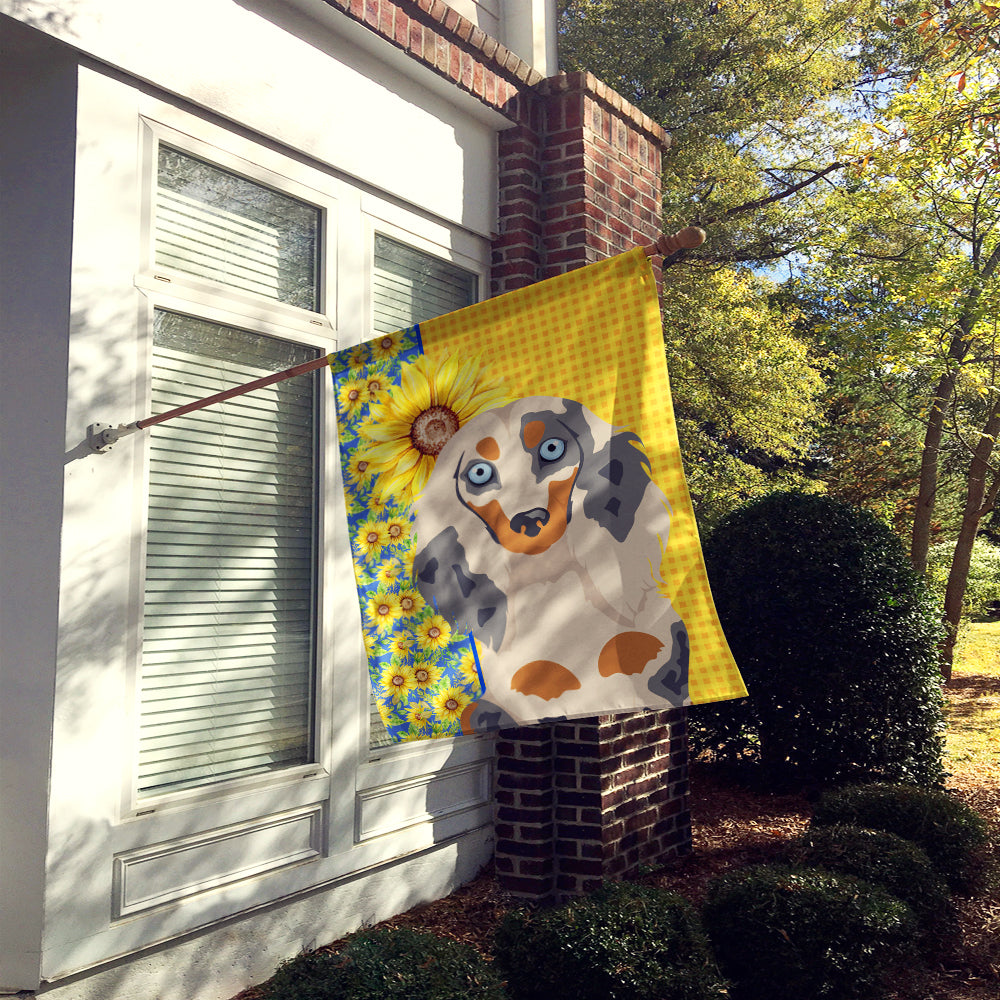 Summer Sunflowers Longhair Cream Dapple Dachshund House Flag 28x40 Porch Sleeve Pole Decorative Outside Yard Banner Artwork Wall Hanging, Polyester