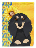 Summer Sunflowers Longhair Black and Cream Dachshund House Flag 28x40 Porch Sleeve Pole Decorative Outside Yard Banner Artwork Wall Hanging, Polyester