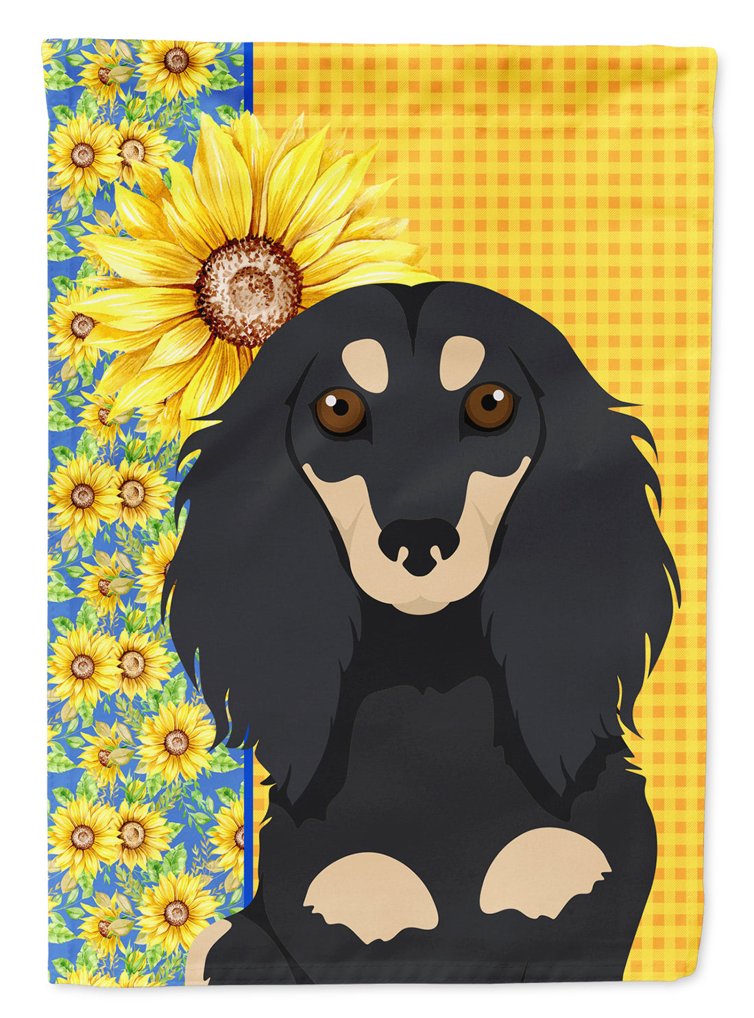 Summer Sunflowers Longhair Black and Cream Dachshund House Flag 28x40 Porch Sleeve Pole Decorative Outside Yard Banner Artwork Wall Hanging, Polyester