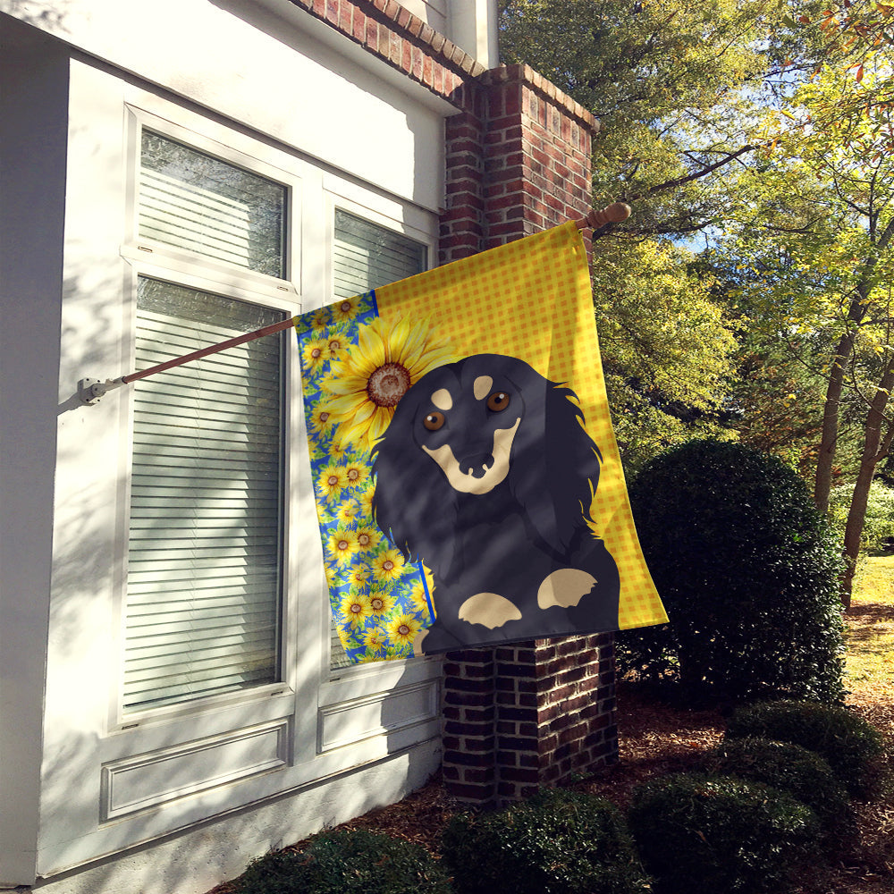 Summer Sunflowers Longhair Black and Cream Dachshund House Flag 28x40 Porch Sleeve Pole Decorative Outside Yard Banner Artwork Wall Hanging, Polyester