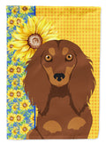 Summer Sunflowers Longhair Chocolate and Tan Dachshund House Flag 28x40 Porch Sleeve Pole Decorative Outside Yard Banner Artwork Wall Hanging, Polyester