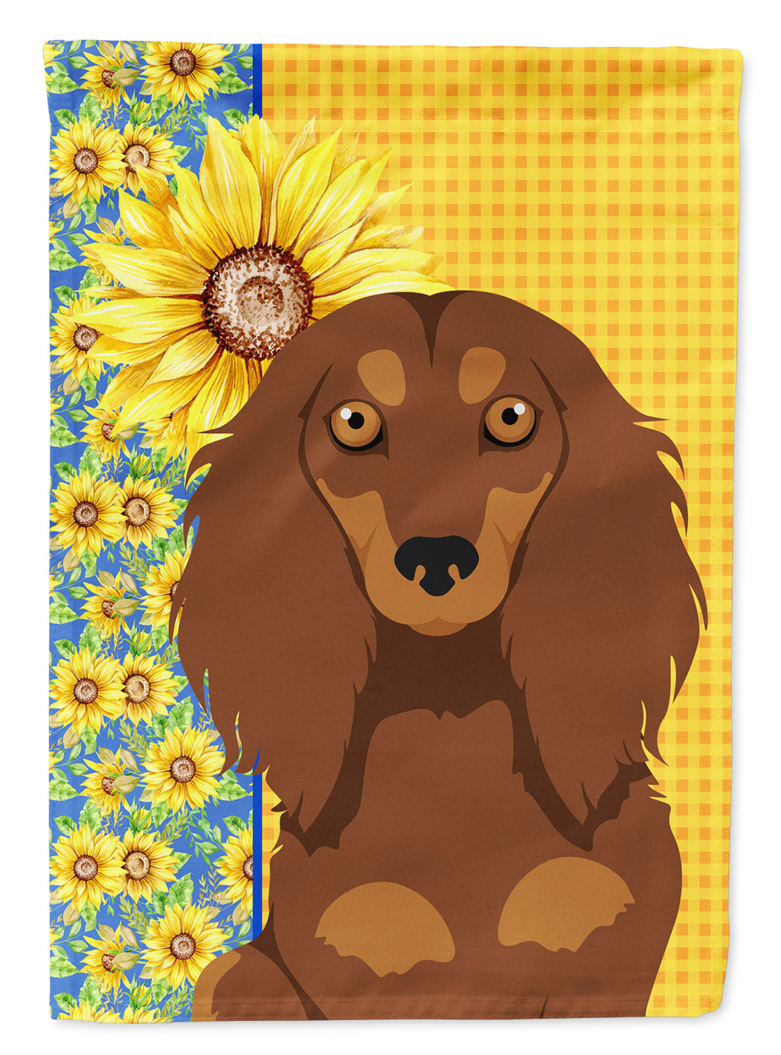 Summer Sunflowers Longhair Chocolate and Tan Dachshund House Flag 28x40 Porch Sleeve Pole Decorative Outside Yard Banner Artwork Wall Hanging, Polyester