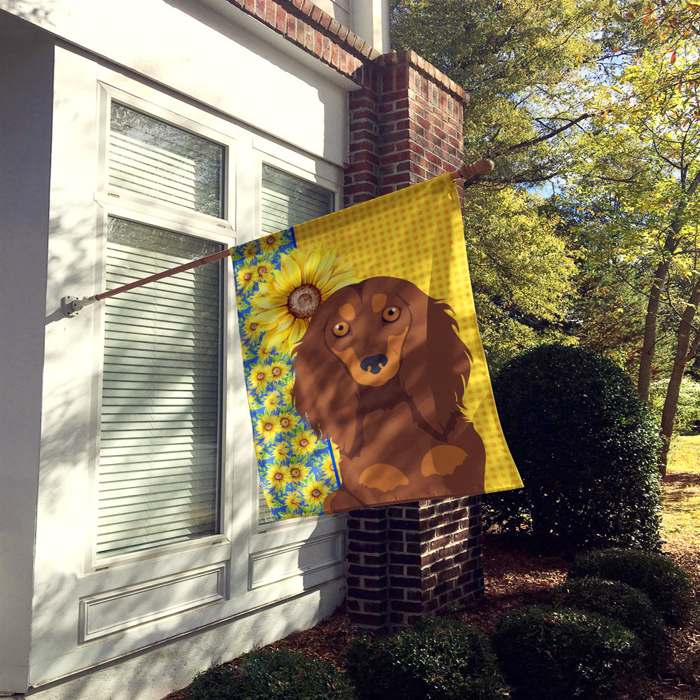 Summer Sunflowers Longhair Chocolate and Tan Dachshund House Flag 28x40 Porch Sleeve Pole Decorative Outside Yard Banner Artwork Wall Hanging, Polyester