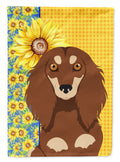 Summer Sunflowers Longhair Chocolate and Cream Dachshund House Flag 28x40 Porch Sleeve Pole Decorative Outside Yard Banner Artwork Wall Hanging, Polyester