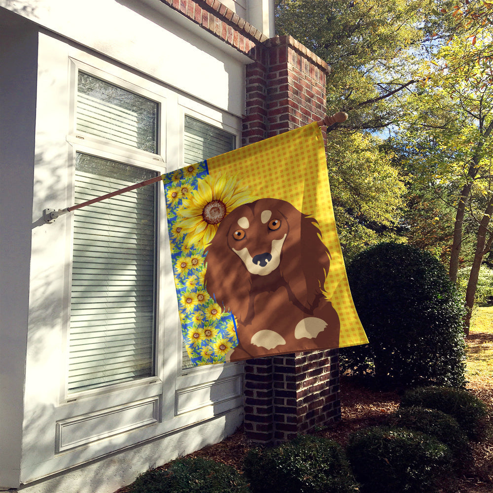 Summer Sunflowers Longhair Chocolate and Cream Dachshund House Flag 28x40 Porch Sleeve Pole Decorative Outside Yard Banner Artwork Wall Hanging, Polyester