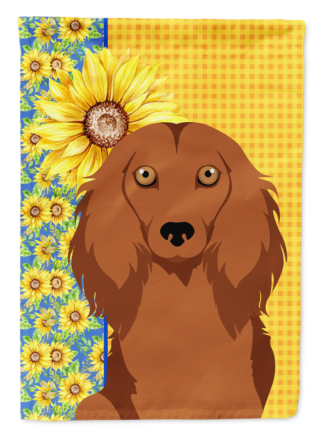 Summer Sunflowers Longhair Red Dachshund House Flag 28x40 Porch Sleeve Pole Decorative Outside Yard Banner Artwork Wall Hanging, Polyester