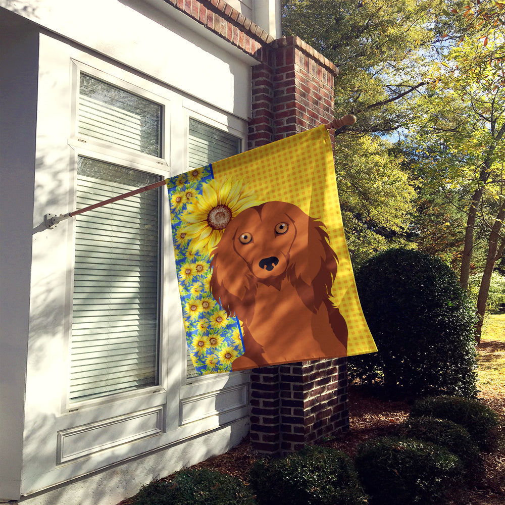 Summer Sunflowers Longhair Red Dachshund House Flag 28x40 Porch Sleeve Pole Decorative Outside Yard Banner Artwork Wall Hanging, Polyester