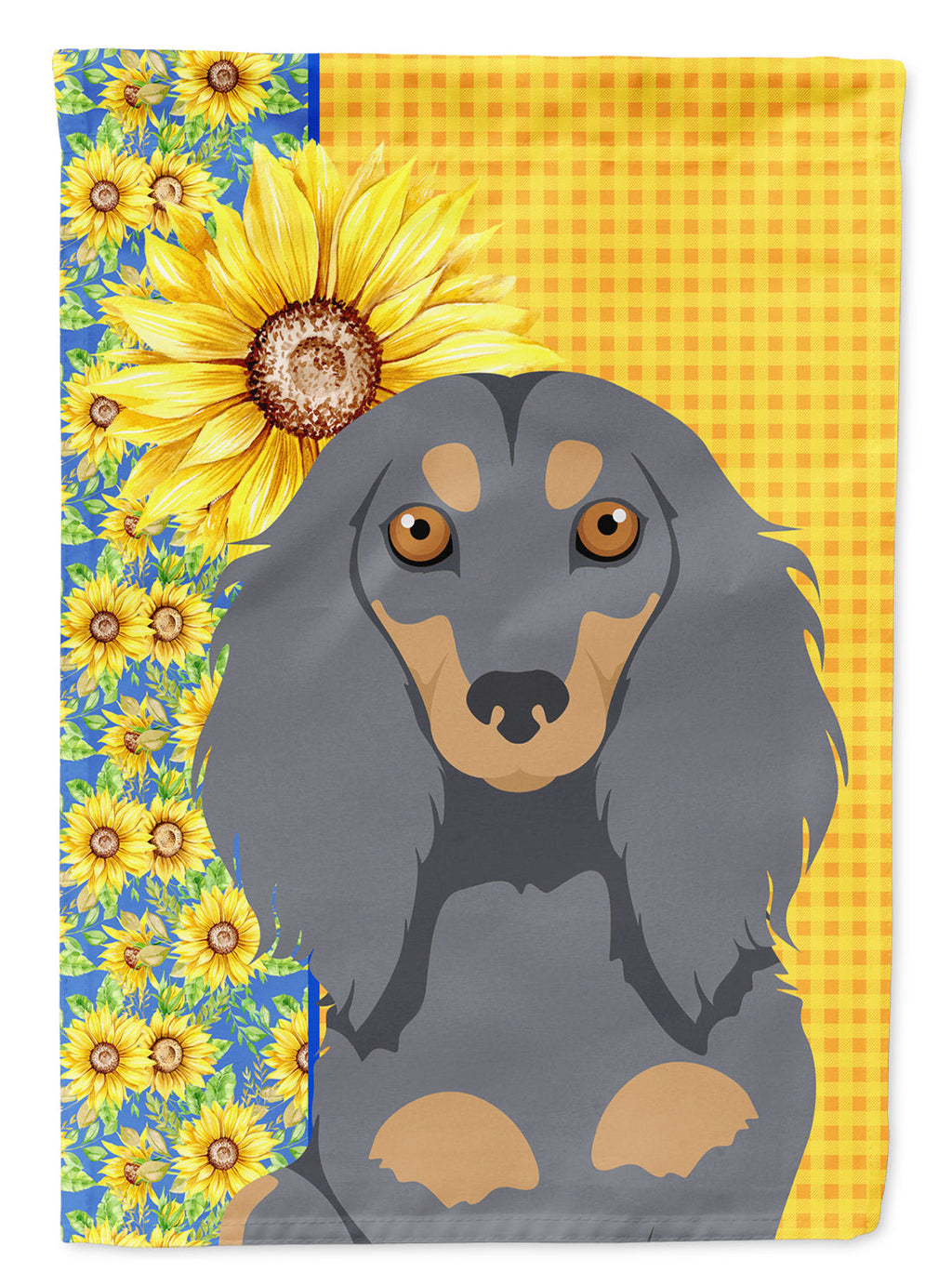 Summer Sunflowers Longhair Blue and Tan Dachshund House Flag 28x40 Porch Sleeve Pole Decorative Outside Yard Banner Artwork Wall Hanging, Polyester