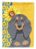 Summer Sunflowers Longhair Blue and Tan Dachshund House Flag 28x40 Porch Sleeve Pole Decorative Outside Yard Banner Artwork Wall Hanging, Polyester