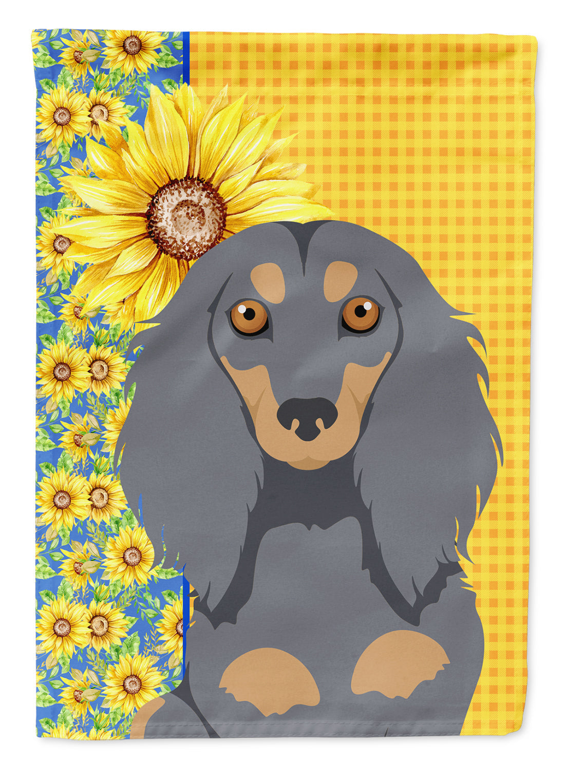 Summer Sunflowers Longhair Blue and Tan Dachshund House Flag 28x40 Porch Sleeve Pole Decorative Outside Yard Banner Artwork Wall Hanging, Polyester