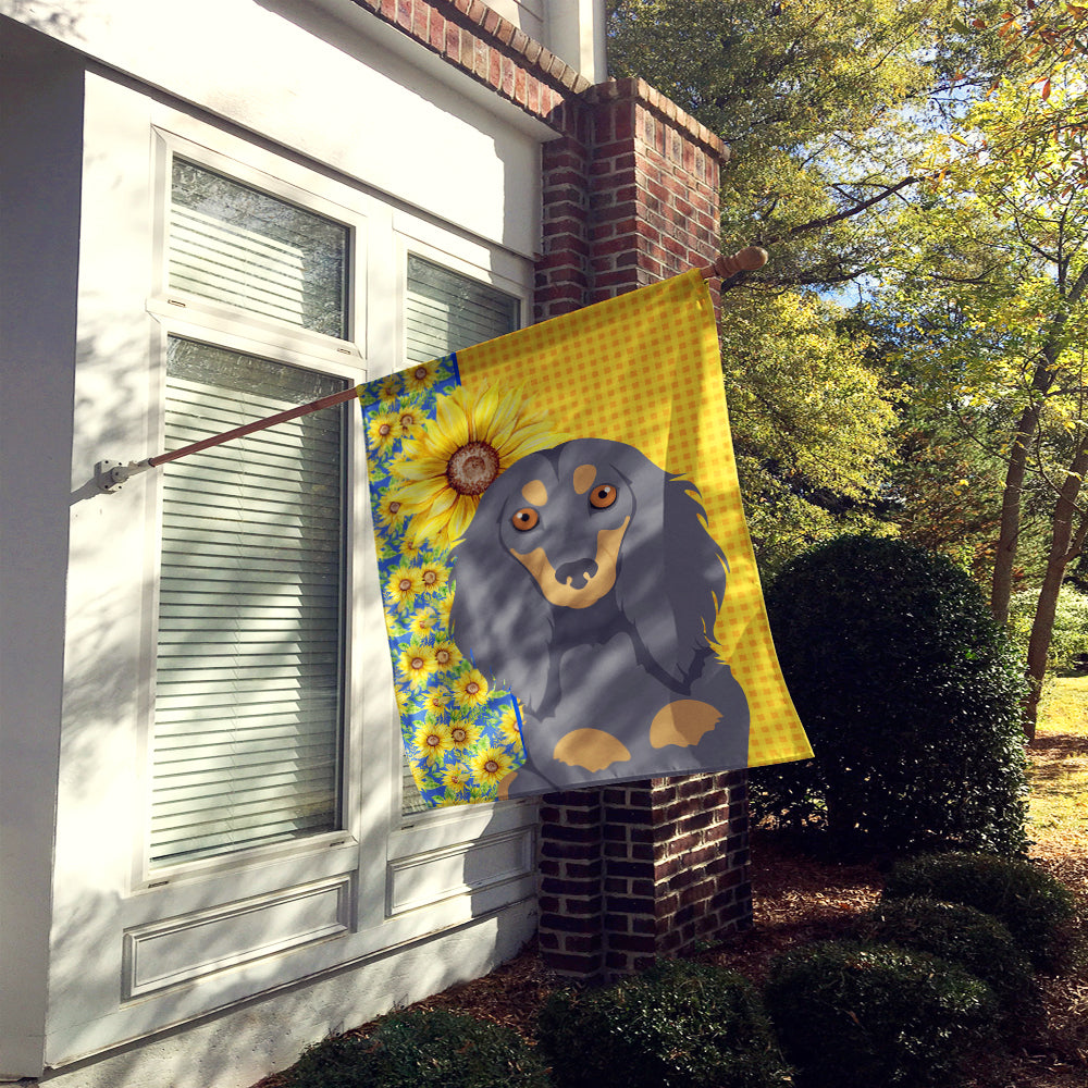 Summer Sunflowers Longhair Blue and Tan Dachshund House Flag 28x40 Porch Sleeve Pole Decorative Outside Yard Banner Artwork Wall Hanging, Polyester