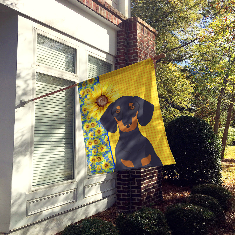 Summer Sunflowers Black and Tan Dachshund House Flag 28x40 Porch Sleeve Pole Decorative Outside Yard Banner Artwork Wall Hanging, Polyester