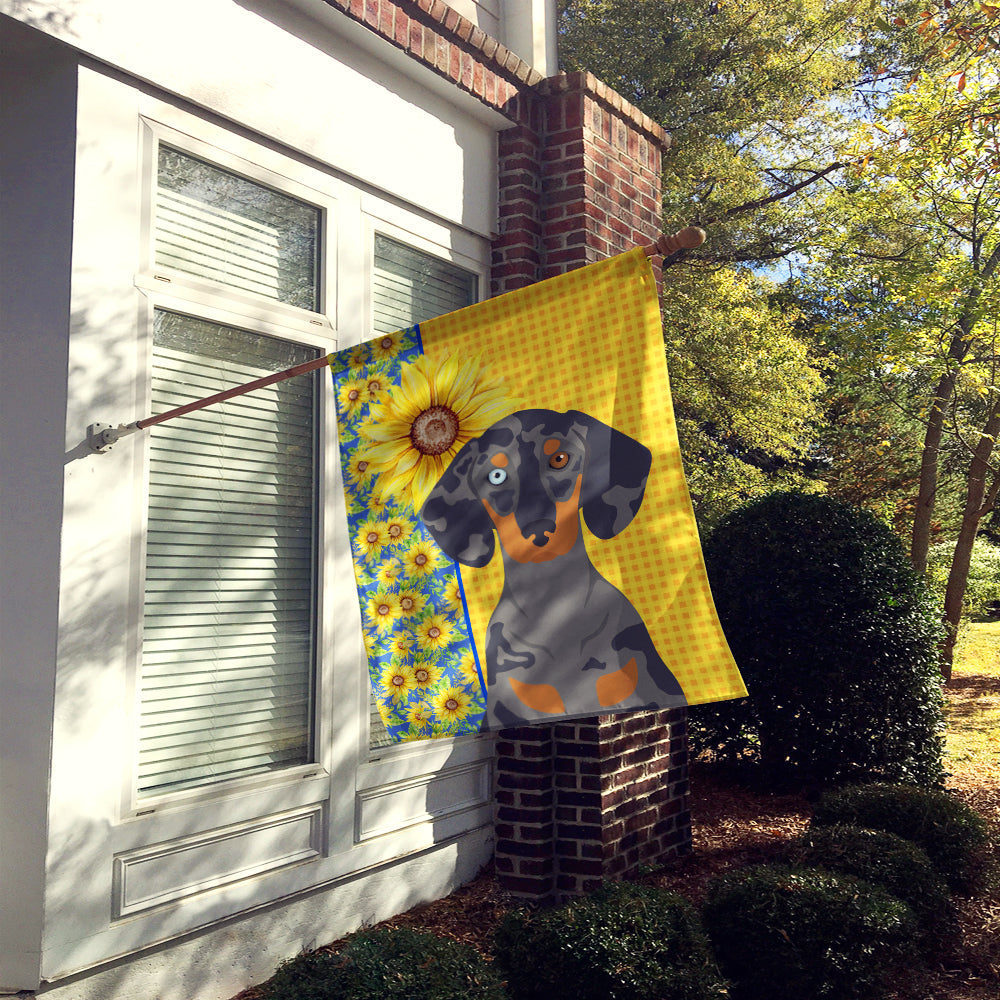 Summer Sunflowers Black Dapple Dachshund House Flag 28x40 Porch Sleeve Pole Decorative Outside Yard Banner Artwork Wall Hanging, Polyester