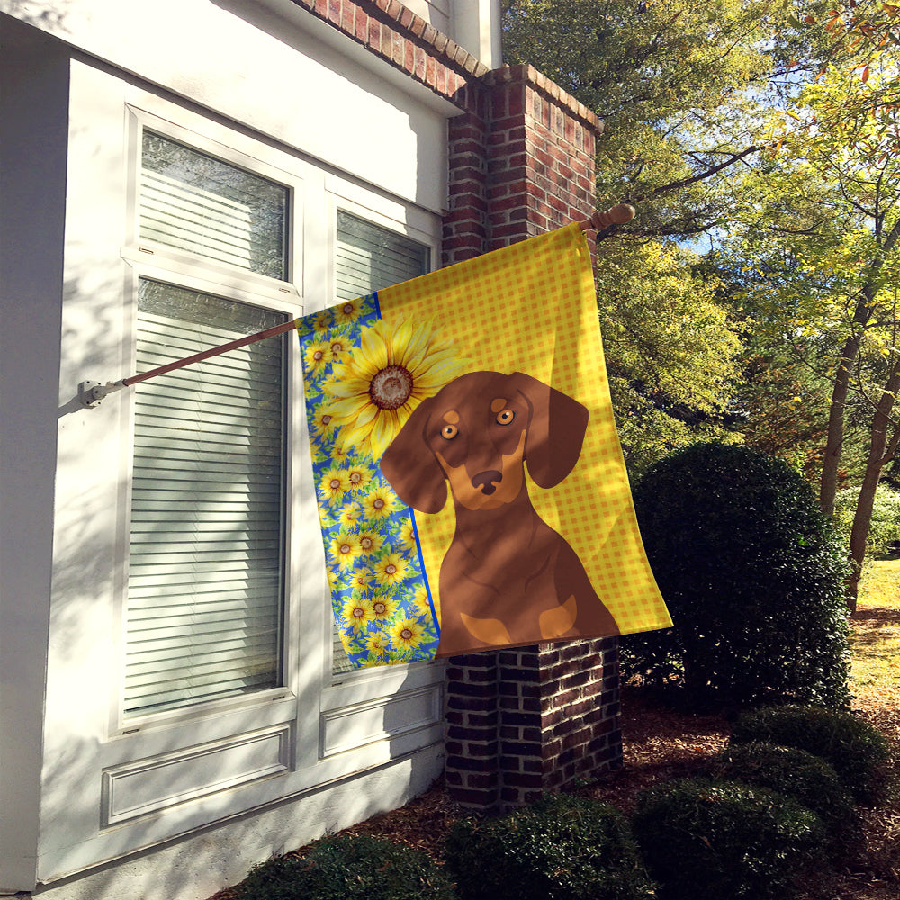 Summer Sunflowers Chocolate and Tan Dachshund House Flag 28x40 Porch Sleeve Pole Decorative Outside Yard Banner Artwork Wall Hanging, Polyester