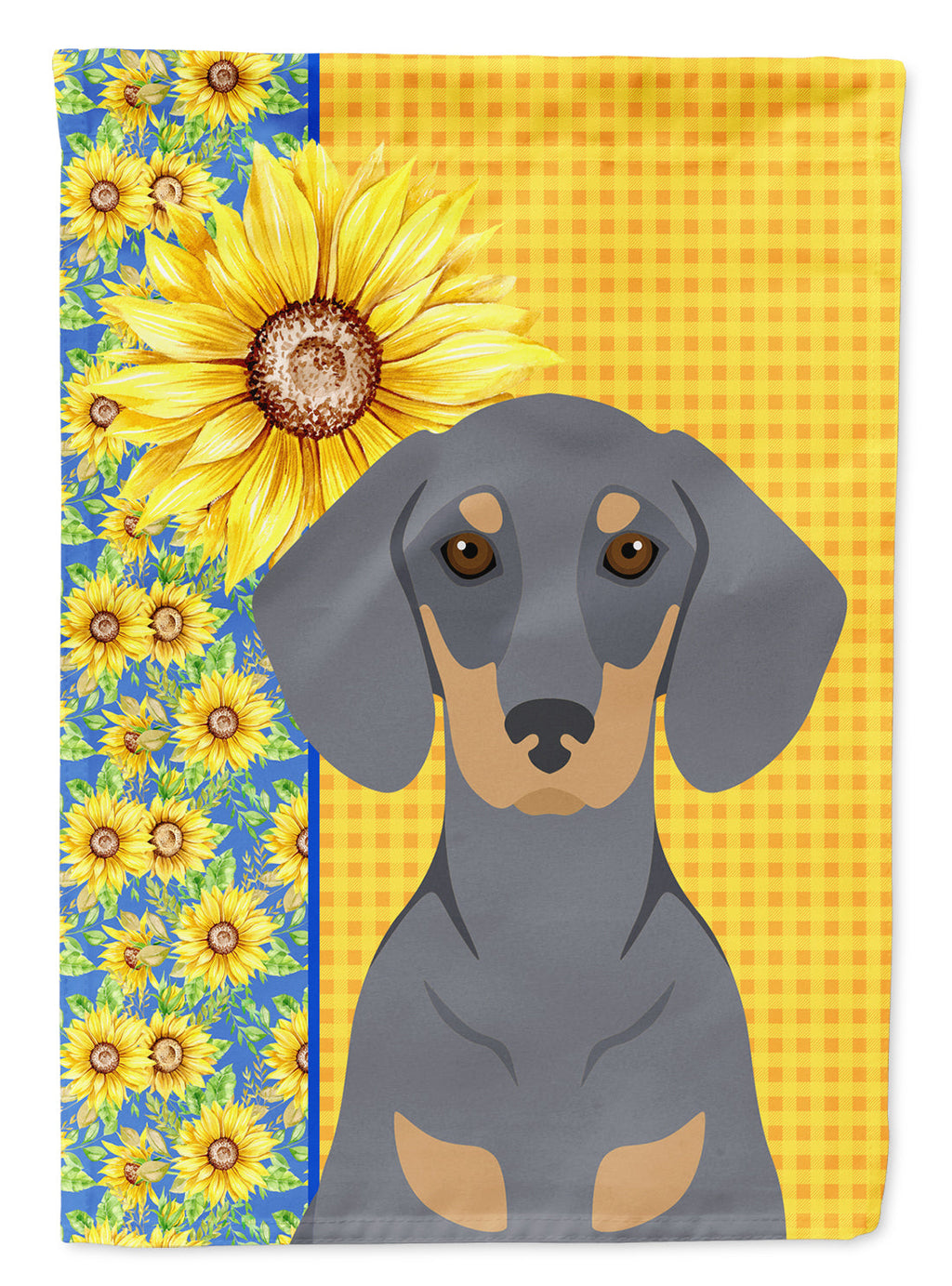 Summer Sunflowers Blue and Tan Dachshund House Flag 28x40 Porch Sleeve Pole Decorative Outside Yard Banner Artwork Wall Hanging, Polyester