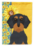 Summer Sunflowers Wirehair Black and Tan Dachshund House Flag 28x40 Porch Sleeve Pole Decorative Outside Yard Banner Artwork Wall Hanging, Polyester