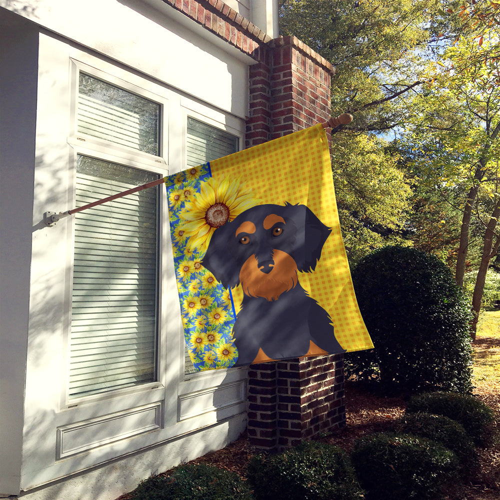 Summer Sunflowers Wirehair Black and Tan Dachshund House Flag 28x40 Porch Sleeve Pole Decorative Outside Yard Banner Artwork Wall Hanging, Polyester