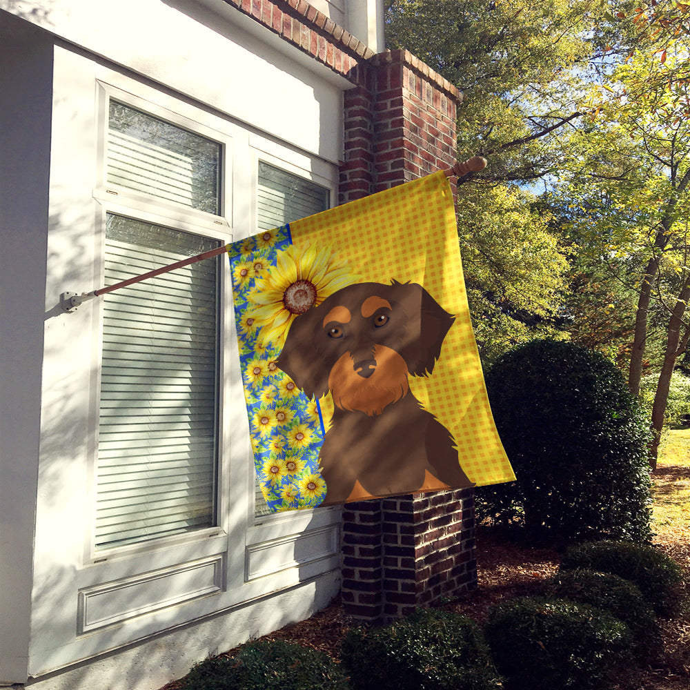 Summer Sunflowers Wirehair Chocolate and Tan Dachshund House Flag 28x40 Porch Sleeve Pole Decorative Outside Yard Banner Artwork Wall Hanging, Polyester