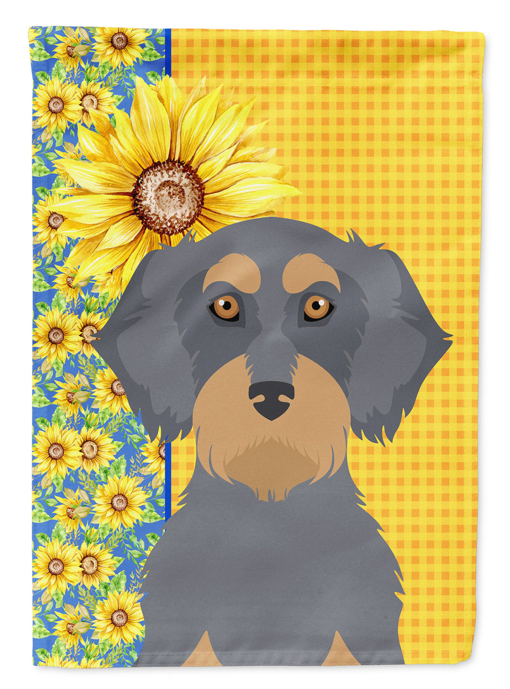 Summer Sunflowers Wirehair Blue and Tan Dachshund House Flag 28x40 Porch Sleeve Pole Decorative Outside Yard Banner Artwork Wall Hanging, Polyester