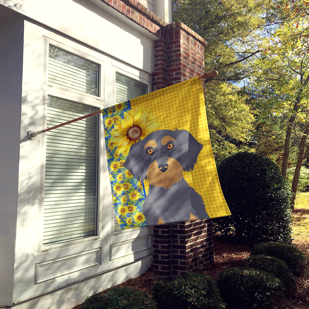 Summer Sunflowers Wirehair Blue and Tan Dachshund House Flag 28x40 Porch Sleeve Pole Decorative Outside Yard Banner Artwork Wall Hanging, Polyester