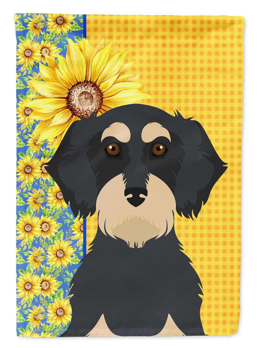 Summer Sunflowers Wirehair Black and Cream Dachshund House Flag 28x40 Porch Sleeve Pole Decorative Outside Yard Banner Artwork Wall Hanging, Polyester