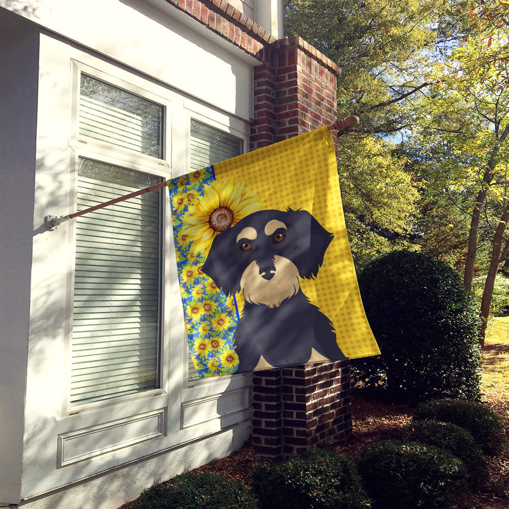 Summer Sunflowers Wirehair Black and Cream Dachshund House Flag 28x40 Porch Sleeve Pole Decorative Outside Yard Banner Artwork Wall Hanging, Polyester