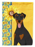 Summer Sunflowers Natural Ear Black and Tan Doberman Pinscher House Flag 28x40 Porch Sleeve Pole Decorative Outside Yard Banner Artwork Wall Hanging, Polyester