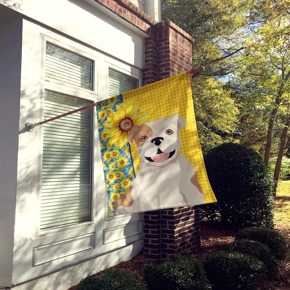 Summer Sunflowers Piebald English Bulldog House Flag 28x40 Porch Sleeve Pole Decorative Outside Yard Banner Artwork Wall Hanging, Polyester