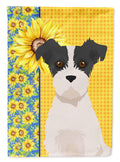 Summer Sunflowers Black White Wirehair Jack Russell Terrier House Flag 28x40 Porch Sleeve Pole Decorative Outside Yard Banner Artwork Wall Hanging, Polyester