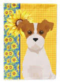 Summer Sunflowers Brown White Wirehair Jack Russell Terrier House Flag 28x40 Porch Sleeve Pole Decorative Outside Yard Banner Artwork Wall Hanging, Polyester
