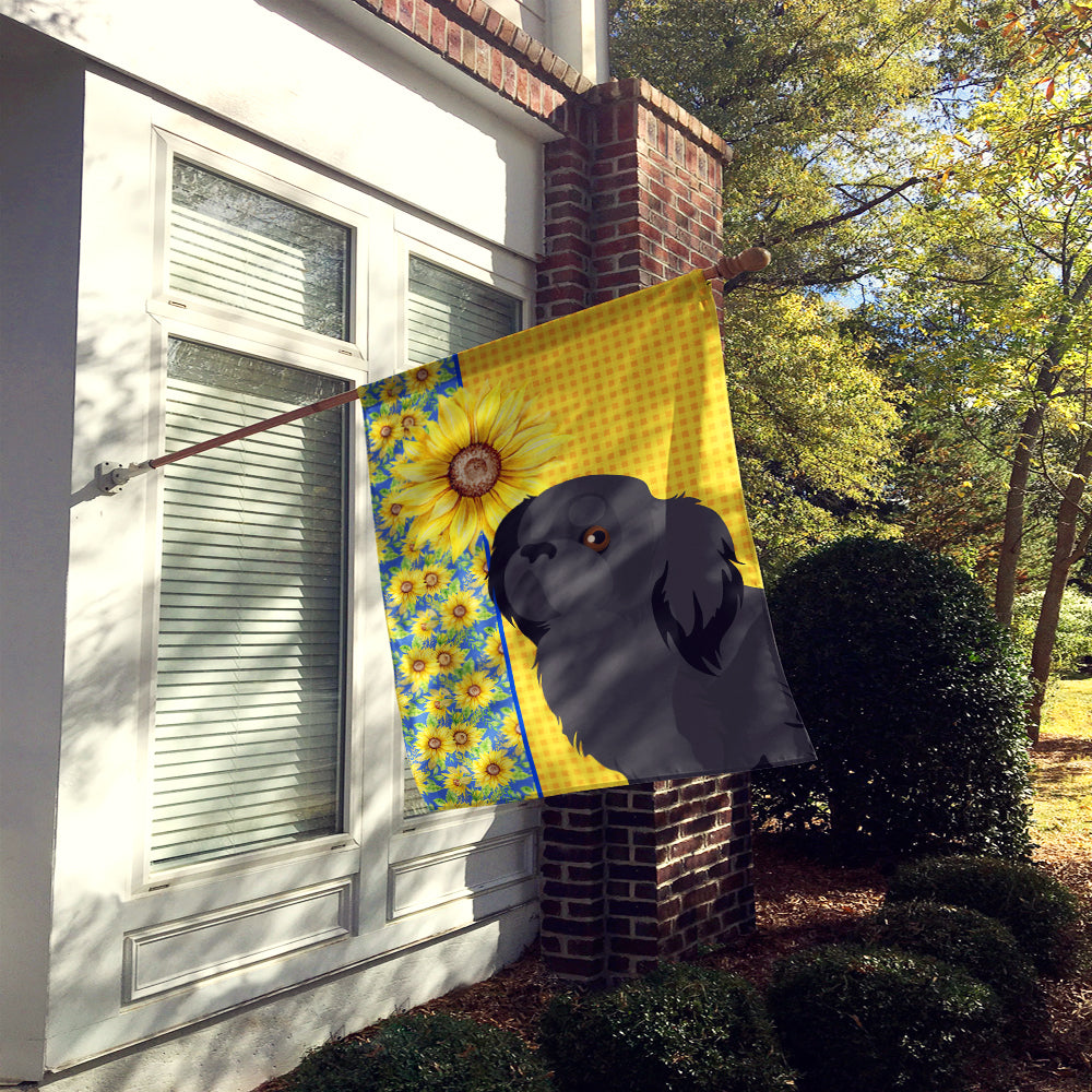Summer Sunflowers Black Pekingese House Flag 28x40 Porch Sleeve Pole Decorative Outside Yard Banner Artwork Wall Hanging, Polyester