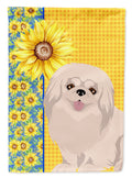 Summer Sunflowers White Pekingese House Flag 28x40 Porch Sleeve Pole Decorative Outside Yard Banner Artwork Wall Hanging, Polyester