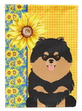Summer Sunflowers Black and Tan Pomeranian House Flag 28x40 Porch Sleeve Pole Decorative Outside Yard Banner Artwork Wall Hanging, Polyester