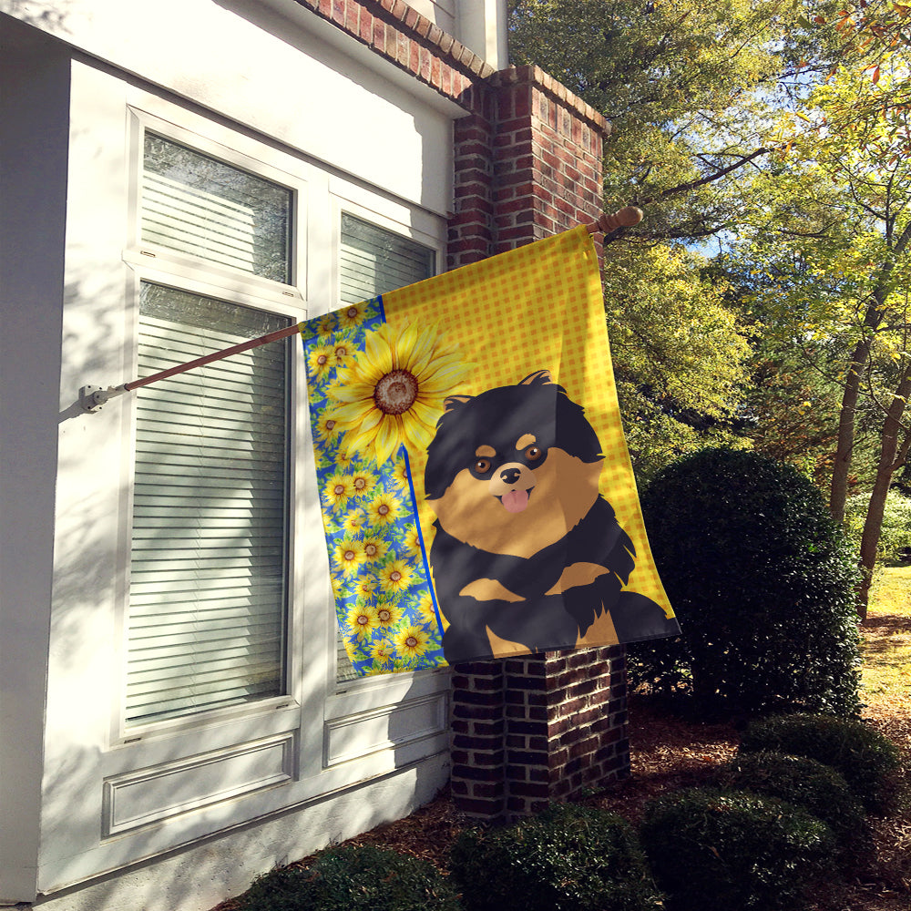 Summer Sunflowers Black and Tan Pomeranian House Flag 28x40 Porch Sleeve Pole Decorative Outside Yard Banner Artwork Wall Hanging, Polyester