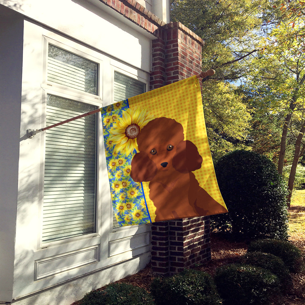 Summer Sunflowers Toy Red Poodle House Flag 28x40 Porch Sleeve Pole Decorative Outside Yard Banner Artwork Wall Hanging, Polyester