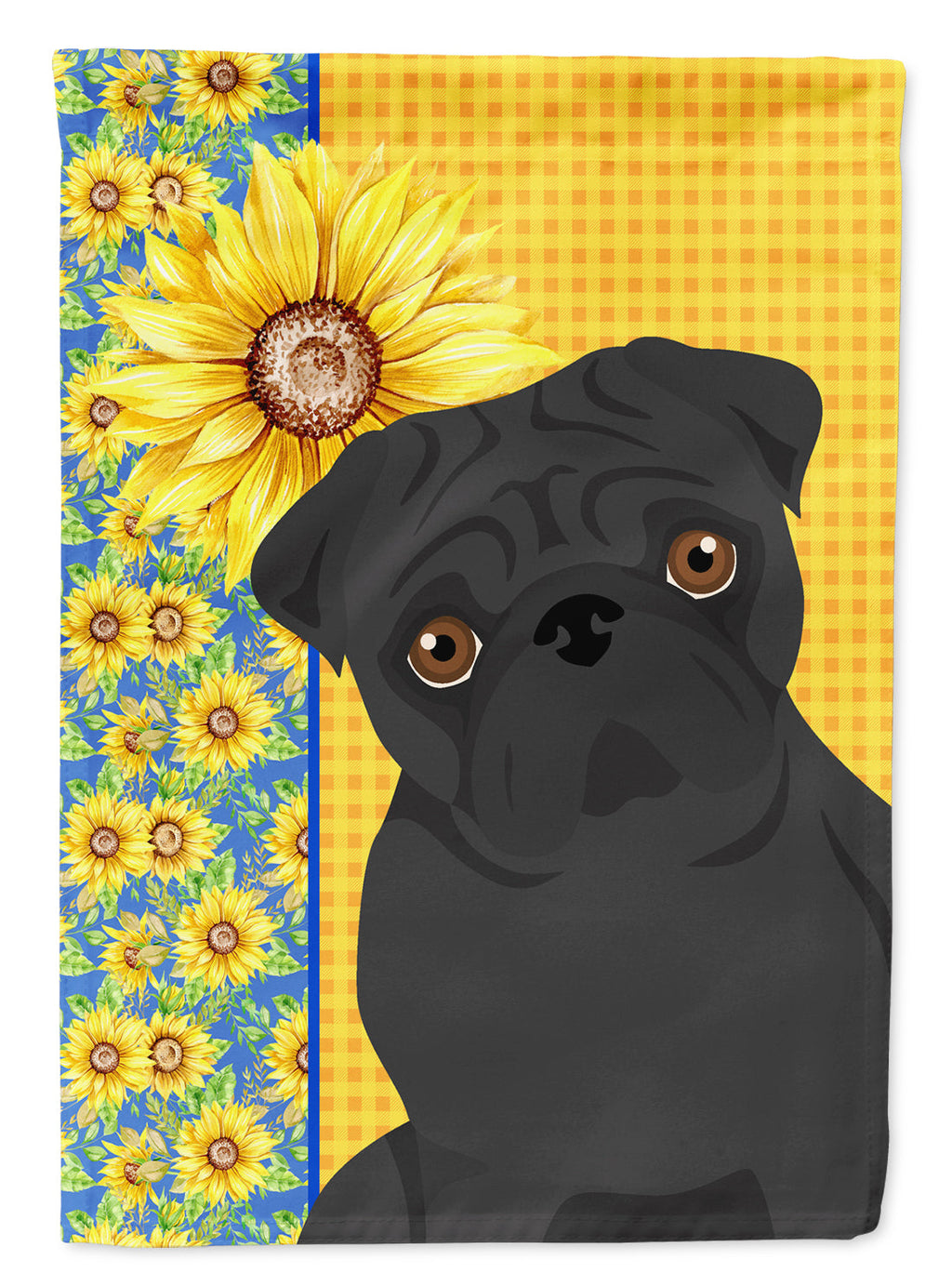 Summer Sunflowers Black Pug House Flag 28x40 Porch Sleeve Pole Decorative Outside Yard Banner Artwork Wall Hanging, Polyester